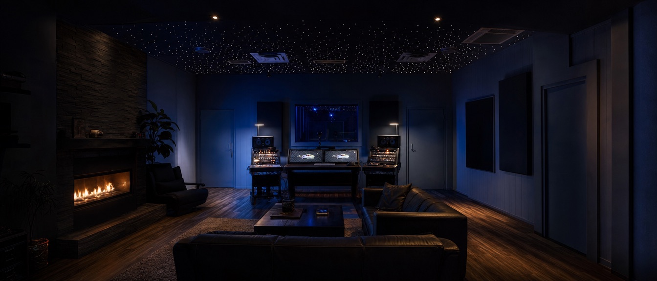 Wide, high-contrast view of Hi-Tunes Studio, closing image for the booking call to action.