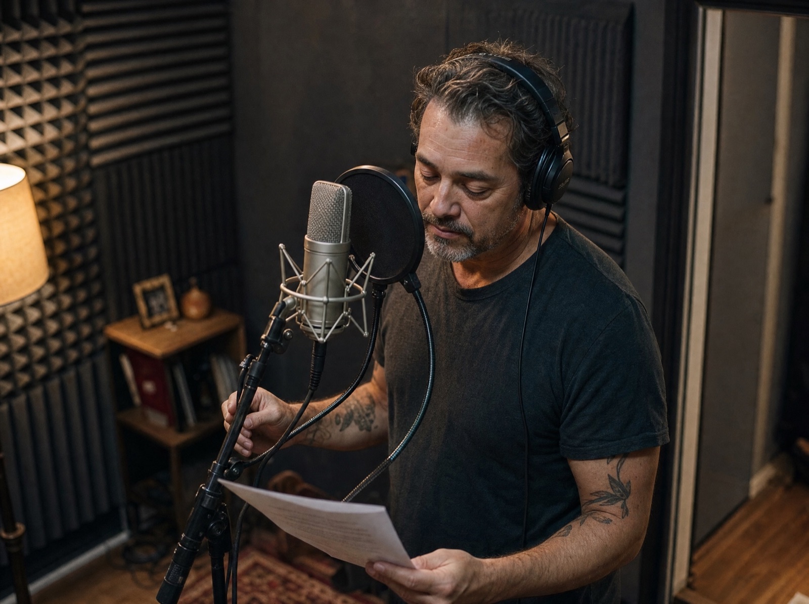 Mic-forward composition for voiceover and spoken word recording at Hi-Tunes Studio.