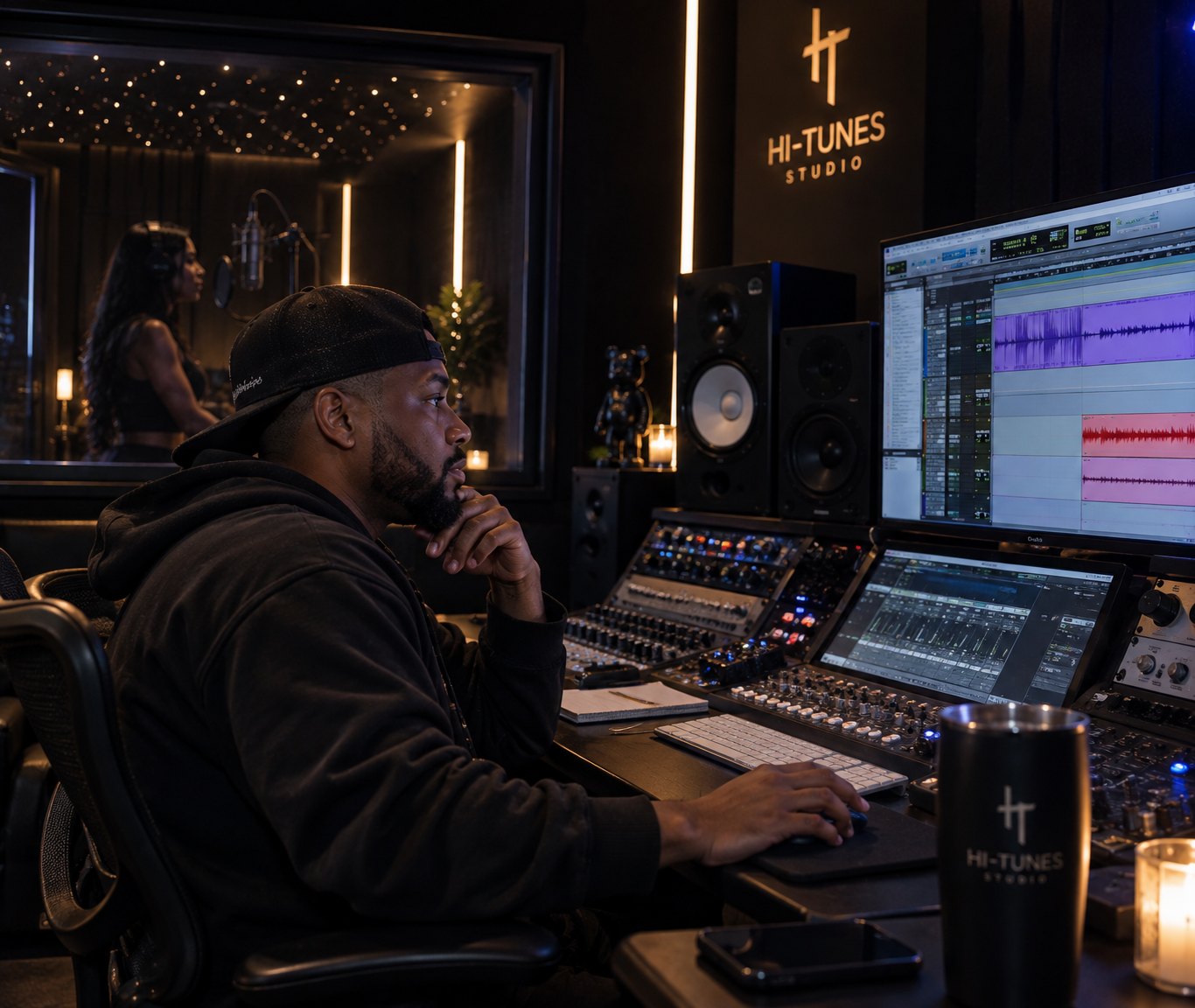 A Hi-Tunes Studio engineer at the mixing console, Pro Tools waveforms on screen, a vocal booth visible behind glass.