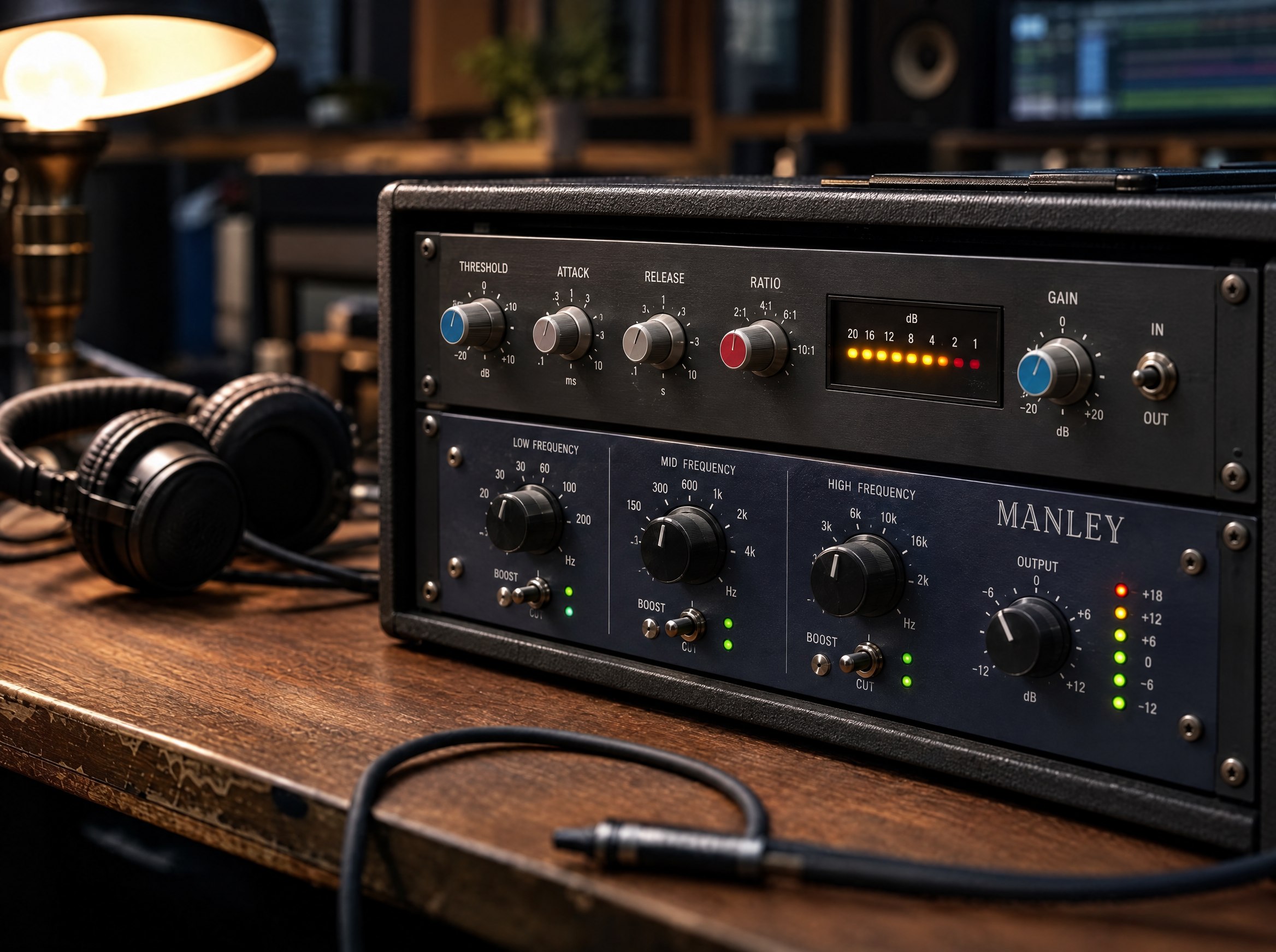 Close-up of a Manley equalizer and compressor unit used in mastering at Hi-Tunes Studio.