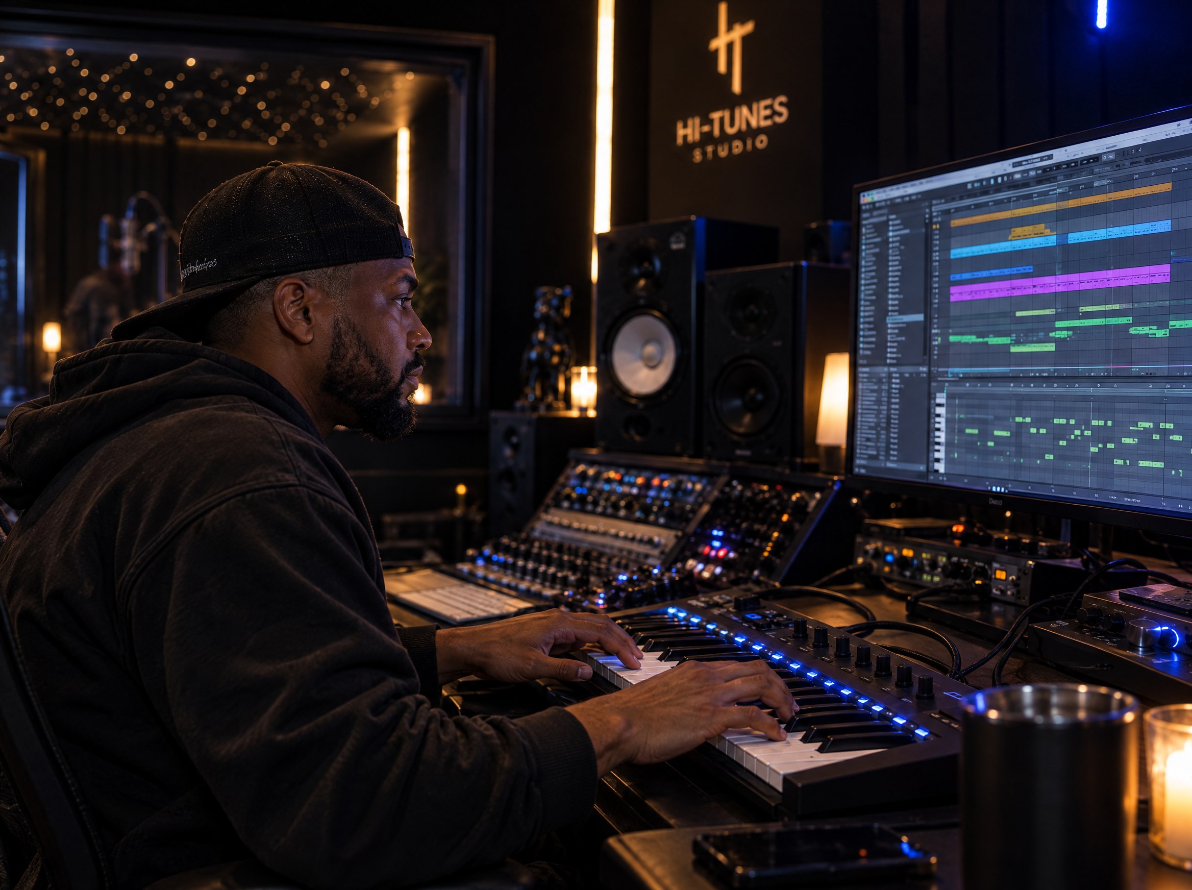 A Hi-Tunes Studio producer playing a MIDI keyboard controller beside a DAW arrangement view.