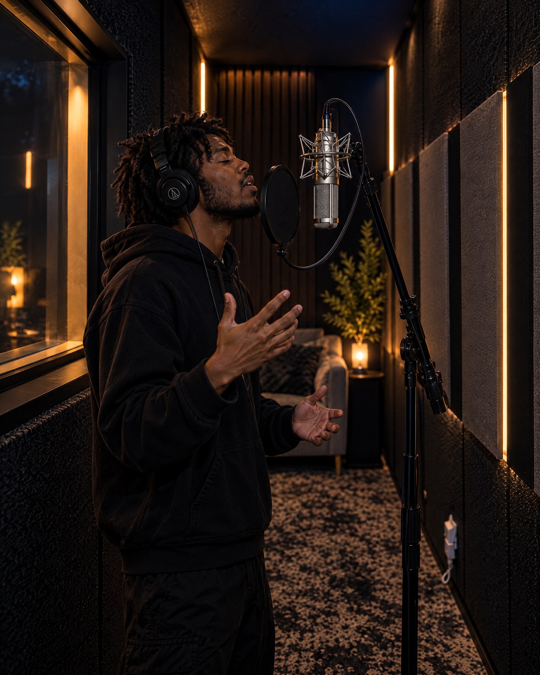 A spoken-word performer at Hi-Tunes Studio, mid-performance with an expressive hand gesture at the microphone.